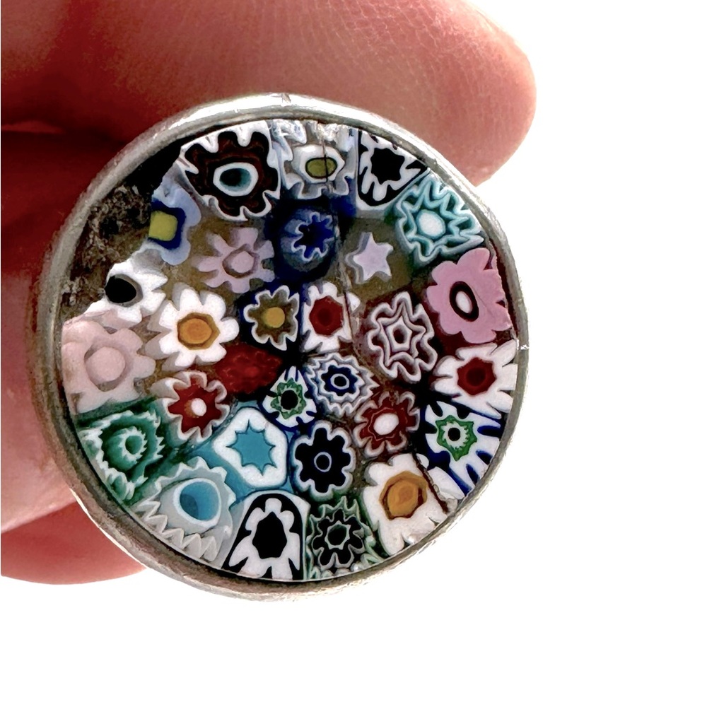 Vintage Italian Murano Millefiori Round-Top Ring in Sterling Silver. Size 5.